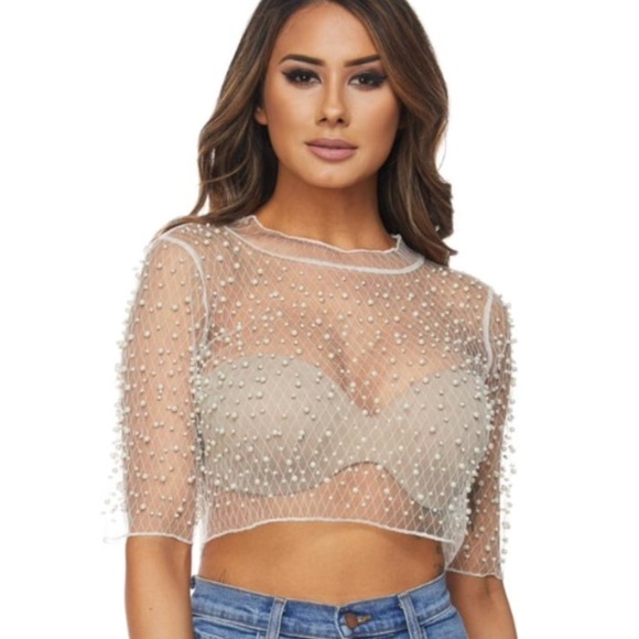 sheer top with pearls